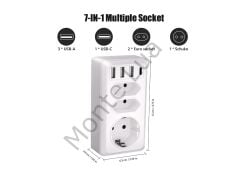 7'si 1 arada çoklu priz, USB priz, Type-C + 3 Usb'li Çoklu Priz,
