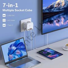 3 SOKETLİ 3XUSB+TYPE-C AKIM KORUMALI PRİZ, 7 in 1 Priz,