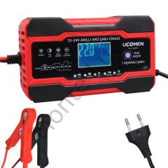 12/24V 10A Led Göstergeli Akü Şarj Cihazı, Jel Asitli Sulu Kuru Kurşun Akülere Uygun, Takviye Yapamamaktadır, Kırmızı, Ucomen,