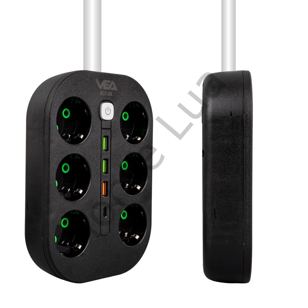 6'lı Akım Korumalı Priz, 1.5 Metre Kablo, 3 x USB, 1 x Type-C PD Girişli, Grup Priz, 10ah Akım Korumalı Priz, 2500W Güç, Anahtarlı, Topraklı,