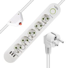 Akım Korumalı Priz, 5'li Çoklu Priz, 3 Usb, 1.5 Mt Kablo, Anahtarlı Grup Priz, Usb Li Priz, Isıya Dayanıklı, 3000 Watt Gücünde