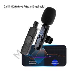K8 Kablosuz TYPE-C Vlogger Yaka Mikrofonu ,Cep Telefonu İçin Gürültü Önleyici, Profesyonel Dış Mekan Mikrofonu, USB C Girişli Canlı Yayın Youtuber Kablosuz