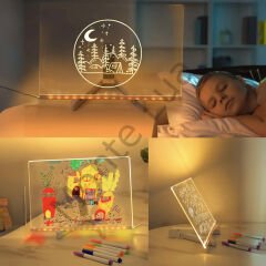 20 x 20 cm, 7 Renkli Kalem, Dekoratif LED Aydınlatmalı, Şeffaf Işıltılı Yazı, Çizim Panosu , Parlayan Akrilik LED Not Panosu, Işıklı Kuru Silme Panosu, Parlak,