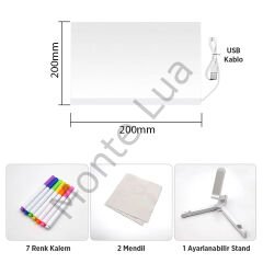 20 x 20 cm, 7 Renkli Kalem, Dekoratif LED Aydınlatmalı, Şeffaf Işıltılı Yazı, Çizim Panosu , Parlayan Akrilik LED Not Panosu, Işıklı Kuru Silme Panosu, Parlak,