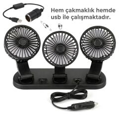 Araç İçi Vantilatör Fanı, 12 Volt Çakmaklık Girişli, Usb Dönüştürme Kitli, 3 Başlıklı 360 Derece,