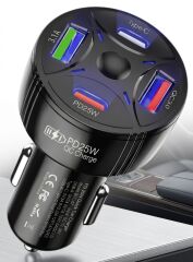 Super Şarj 4 Port PD25W, QC3.0,  Araç Şarjı Çakmaklık, 2x Usb 2x Type-C, Çoklayıcı, 12-24V,  5V/6A Max