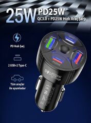 Super Şarj 4 Port PD25W, QC3.0,  Araç Şarjı Çakmaklık, 2x Usb 2x Type-C, Çoklayıcı, 12-24V,  5V/6A Max