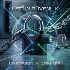 Siyah Alarmlı Asma Kilit - 110 dB Yüksek Sesli Çok Amaçlı Güvenlik Kilidi, 3 Anahtarlı