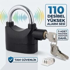 Siyah Alarmlı Asma Kilit - 110 dB Yüksek Sesli Çok Amaçlı Güvenlik Kilidi, 3 Anahtarlı