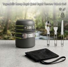 6 Parça Taşınabilir Kamp Yemek Seti - Tencere, Tabak, Çatal, Kaşık, Bıçak Seti
